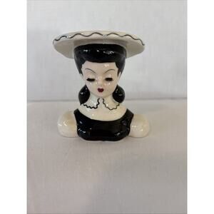 Vintage Ceramic Hat Lady Vase with Black and White Dress and Hat 3 1/2”